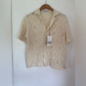 NWT Zara Crochet Short Sleeve Button up